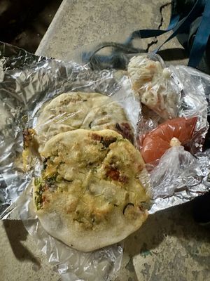 Tomato sauce and cabbage all veggie pupusass  at Pupusería La Ceiba in Santa Ana