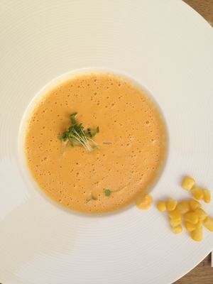 Raw corn soup (soup of the day) at Rawcha in Prague