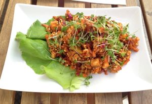 Dish of the day (comes with a soup): raw chili sin carne With sprouted buckwheat  at Rawcha in Prague