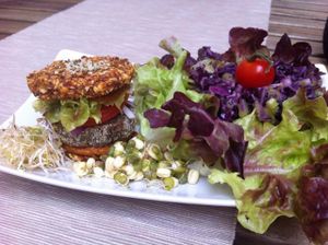 Veggie burger at Rawcha in Prague