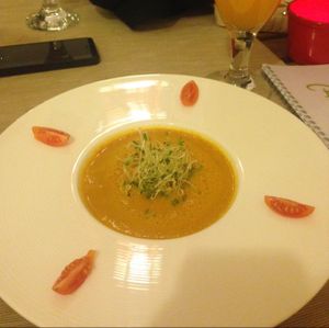 Carrot and avocado soup with cashew dip at Rawcha in Prague