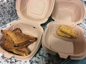 Two Gardein overcooked strips and sandwich  at Choices Cafe in Miami