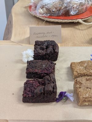 Vegan raspberry and chocolate brownies at Alchemy & Storm in Hokitika