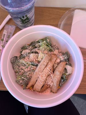 Caesar salad with chicken (should have gotten the dressing on the side 😣)  at Vegan Foodie Bowl in Glendale