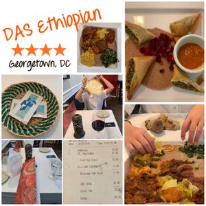 Dinner with my 10 year old- 1 order of the Sambussa Appetizer, 1 order of the Vegetable sampler, and a glass of red wine (for me). at DAS Ethiopian in Washington