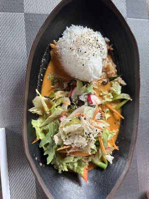 Vegetables curry with rice dish  at Onkel Ha Vegan in Muelheim-kaerlich