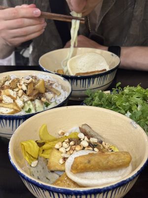 Mi quang (front) & gluten with rice noodle (left)  at Mộc Lam An Vegan in Hoi An