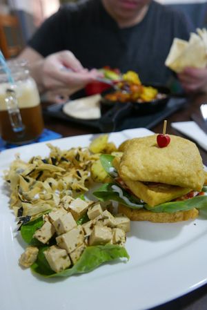 Tofu burger, with vegan feta cheese and seaweed crisps. at Well Dressed Salad Bar and Cafe in Central Singapore