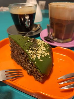 Matcha black sesame cake at Well Dressed Salad Bar and Cafe in Central Singapore