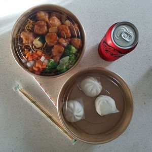 Sweet and sour pork noodle bowl combo at Vegie Bowl Express in Boronia