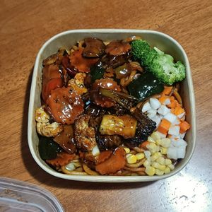 vegan honey pepper beef with noodles at Vegie Bowl Express in Boronia