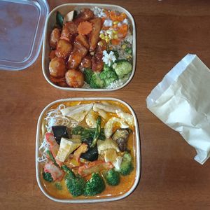 vegan sweet and sour pork & a laksa noodle bowl at Vegie Bowl Express in Boronia