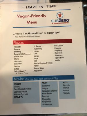 This is their vegan menu with 29 flavors. There’s many more on another list. at Sub Zero - Ave Madera in Sarasota