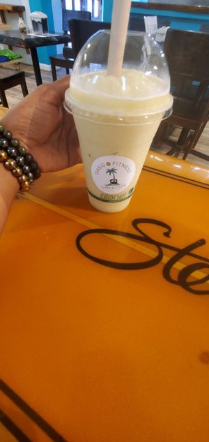 Caribbean Cucuber: Cucumber, pineapple,, banana, ginger & coconut water at Oasis Fitness Gym and Cafe in Hopkins