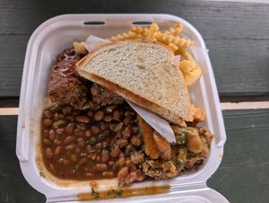 Ribs with fries, baked beans, and a quinoa chickpea stew at The Vegan Side Of Things in Mcdonough