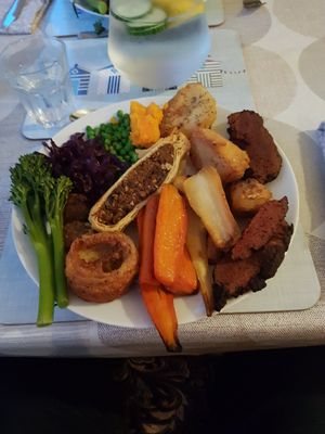 Sunday roast pre gravy and mint sauce at All Good Things Vegan in Paignton