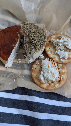 Two almond-cheeses at All Good Things Vegan in Paignton