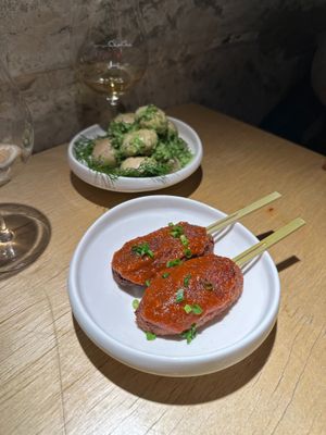 Mushrooms on green sauce - Green Sichuan Pepper/ Spring Onion/ Fennel

Sichuan Style Tofu Sticks - Lotus Root/ Mushrooms/ Carrot at chaochao. vegan food and natural wine bar in Beijing
