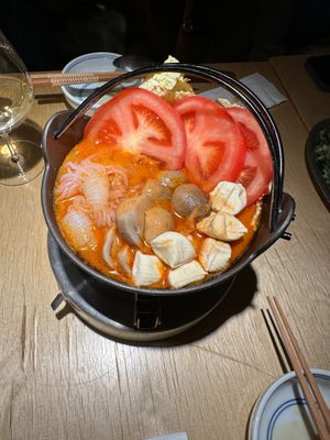Guizhou Sour Soup Hot Pot - Artemisia/ Gourd/ Tofu/ Mushroom at chaochao. vegan food and natural wine bar in Beijing