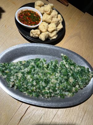 Fried Yunnan Small Tofu - Green Calamansi/ Mint

Shepherd's Purse Rice Cake - Shepherd's Purse/ Bamboo Shoot at chaochao. vegan food and natural wine bar in Beijing