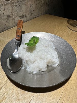 Vanilla bean rice pudding with mint.   at chaochao. vegan food and natural wine bar in Beijing