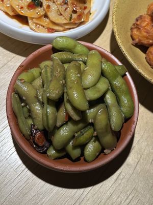 Seasoned edamame.   at chaochao. vegan food and natural wine bar in Beijing