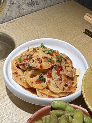 Spicy lotus root.   at chaochao. vegan food and natural wine bar in Beijing
