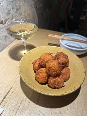 Sweet Potato and Butternut Pumpkin fried vegetable balls.   at chaochao. vegan food and natural wine bar in Beijing