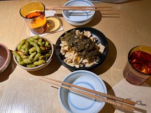 2 of our 5 dishes at chaochao. vegan food and natural wine bar in Beijing