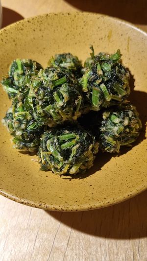 Crown Daisy Balls: A little oily, but still tasty. at chaochao. vegan food and natural wine bar in Beijing