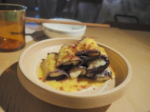 Eggplant "cheeze" roll at chaochao. vegan food and natural wine bar in Beijing