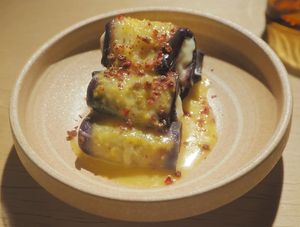 Eggplant "cheeze" roll at chaochao. vegan food and natural wine bar in Beijing