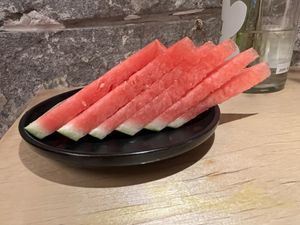 Complimentary Watermelon for Dessert   at chaochao. vegan food and natural wine bar in Beijing