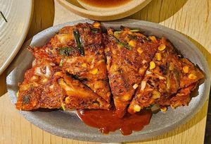 kimchi pancake at chaochao. vegan food and natural wine bar in Beijing