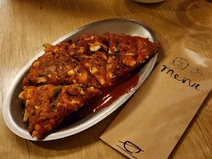 Kimchi pancake at chaochao. vegan food and natural wine bar in Beijing