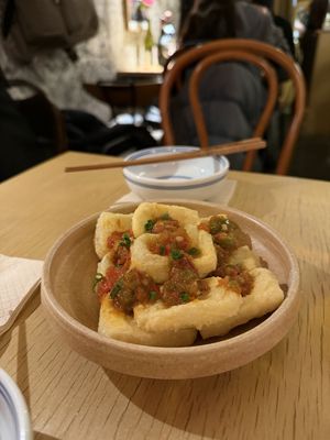 Fried tofu  at chaochao. vegan food and natural wine bar in Beijing