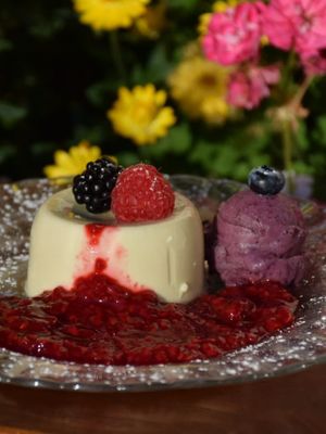 Hafer-Panna-Cotta mit hausgemachtem veganem Heidelbeereis und Himbeersoße at Berggasthof Hocheck in Oberaudorf