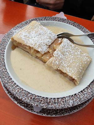 Apfelstrudel with vegan Miso- Vanilla Sauce (sooo delicious!) at Berggasthof Hocheck in Oberaudorf