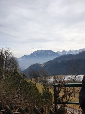 Outside seating with a beautiful view at Berggasthof Hocheck in Oberaudorf