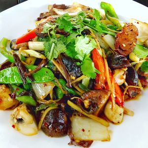 Mushroom Onion Ginger Stirfry at Araya's Place in Los Angeles