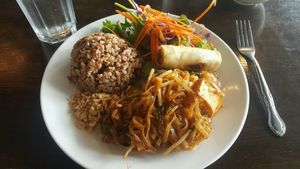 pad Thai lunch special w/ brown rice, salad, & spring roll  (not pictured: soup to start) at Araya's Place in Los Angeles
