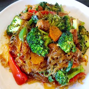 Prik King with Broccoli and Bean Thread Noodles  at Araya's Place in Los Angeles