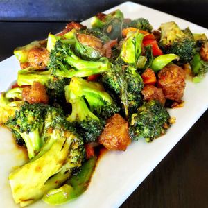 Prik King with Broccoli  at Araya's Place in Los Angeles