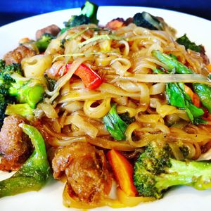 Prik King with Broccoli and Rice Noodles at Araya's Place in Los Angeles