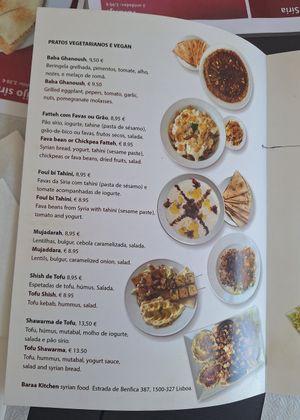 Menu vegan (todos os pratos são vegan - opção de iogurte vegetal no Fatteh, Foul bi e Shawarma) at Baraa Kitchen in Lisbon