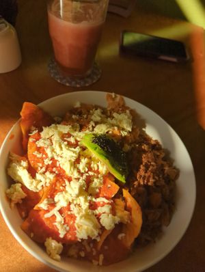 Chilaquiles, frijoles, y soya desbaratar at Maggie's  in Zamora