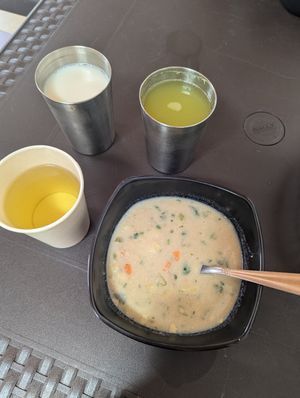 Soup, Pina juice, soya milk and tea at Verde Manantial Veg in Cali
