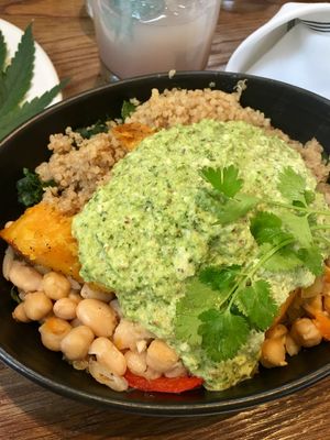 The tres bowl - quinoa, kale, roasted squash, pesto cashew crème, white beans, peppers and onions. Delicious! at Gracias Madre - WeHo in West Hollywood