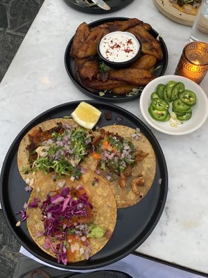 Taco trio and fried plantains  at Gracias Madre - WeHo in West Hollywood
