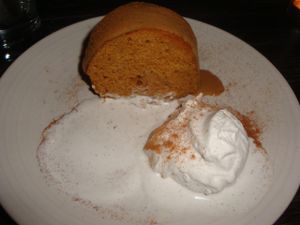 SPICED PUMPKIN CAKE
With maple cream sauce and homemade vanilla bean coconut ice cream at Gracias Madre - WeHo in West Hollywood